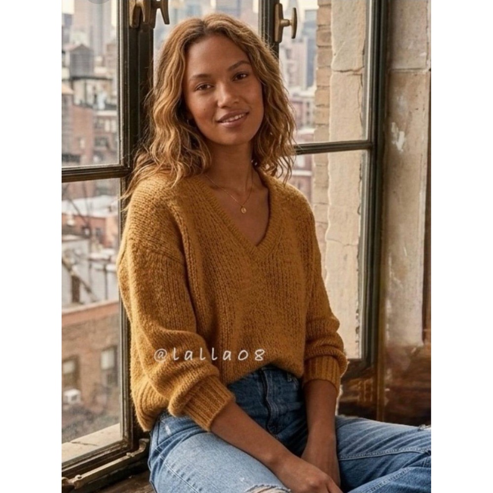 Madewell Womens V-Neck Chunky Ribbed Wool Silk Blend Sweater Brown Size M